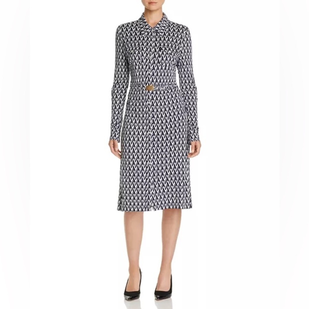 Tory Burch Crista T Lattice Logo Print Shirt Dress Navy White Size S/P